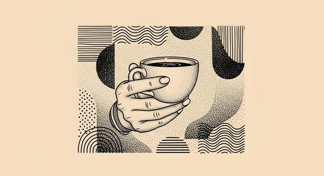 A hand holding a cup of coffee, surrounded by abstract geometric shapes and wavy lines. - Powered by Adobe