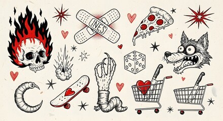 Collection of various illustrations featuring a skull, wolf, pizza, and other elements.