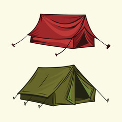 Camping tent collection cartoon style outdoor adventure gear tourism and travel vector illustration