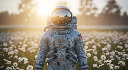 An astronaut in a full spacesuit stands peacefully in a sunlit field of white flowers.