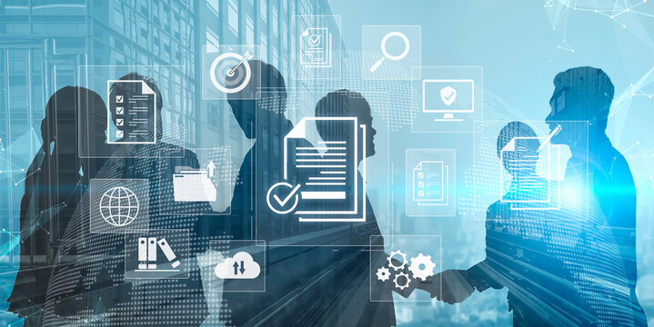 Concept of corporate compliance and quality control. Following a checklist and adhering to company policy and regulatory standards, confirmed by an official audit documentation. Fermion