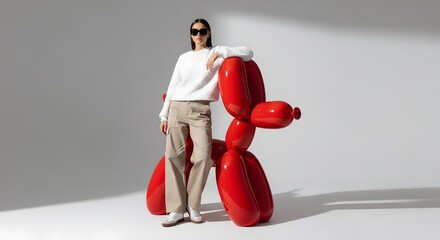 A woman in sunglasses and casual attire poses next to a large red balloon dog sculpture.