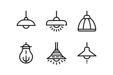 A collection of six different ceiling light fixture icons in black outline.