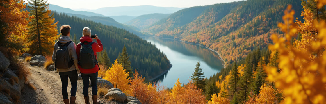Two hikers with backpacks pause on a trail, taking photos of a vast valley with a river and colorful autumn trees. Couple enjoys scenic mountain landscape on a fall day. Explore nature on a walk.