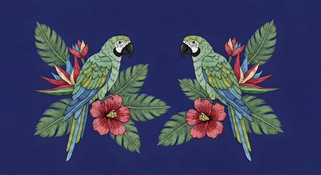 Symmetrical design featuring two green and blue parrots surrounded by tropical leaves and flowers on a dark blue background. - Powered by Adobe
