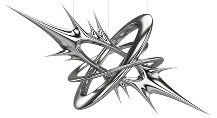 A dynamic, abstract 3D sculpture featuring interwoven chrome rings and sharp, spiky protrusions against a white background.
