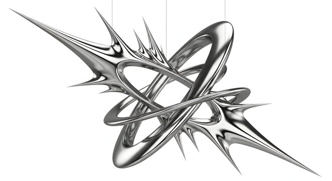 A dynamic, abstract 3D sculpture featuring interwoven chrome rings and sharp, spiky protrusions against a white background.