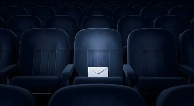 A single white envelope rests on a dark blue velvet seat in an empty movie theater.