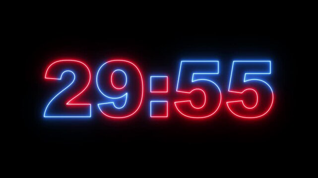 glowing neon 30 minute Countdown. neon 30 to 29 minute Countdown timer on black background. neon Countdown timer from 30 minute to 29 minute suitable for presentations, educational.