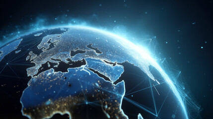 Illustration of glowing Earth with bright connections highlighting global networks and illuminated landscapes