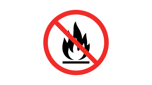 Warning symbol indicating no fire or open flames allowed, essential for safety notices
