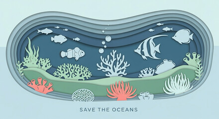 minimalist layered illustration of underwater coral reef and fish — save the oceans