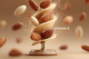 Almonds and sunflower seeds swirling around a central axis symbolizing vitamin E
