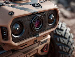 Macro close-up of robot nose with LiDAR sensor and bumper whiskers in studio lighting