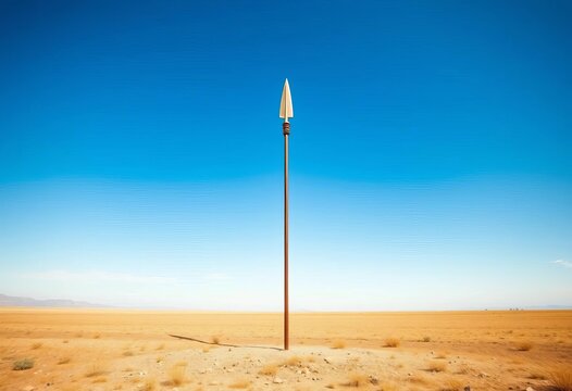 A lone Spartan spear stands upright on a vast, empty plain under a clear sky,   pole, Spartan spear