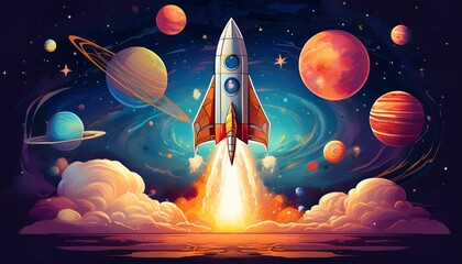 space adventure rocket launch with planets and stars