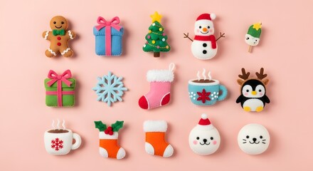 Naklejka premium A charming collection of cute, handmade Christmas-themed figures and decorations arranged in a grid on a pink background.