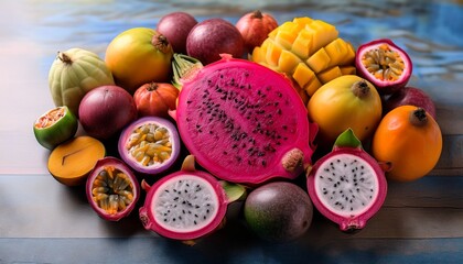 tropical fruit circle dragon fruit passion fruit and guava in colorful display