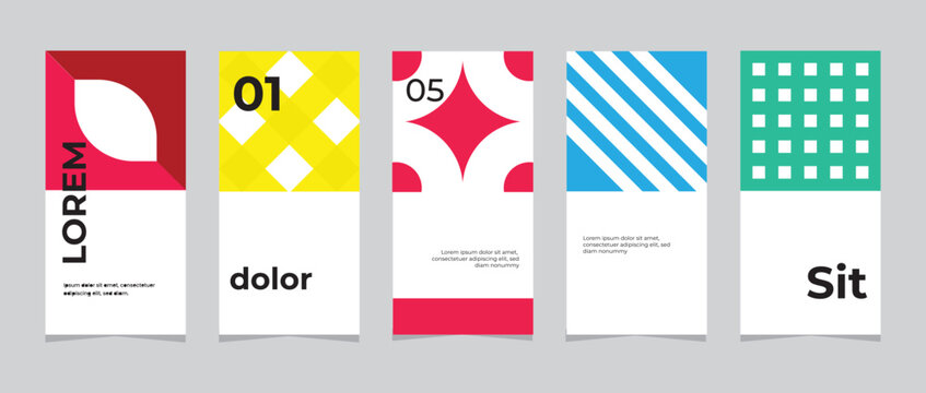 A set of five modern geometric abstract posters featuring bold shapes in red, yellow, blue, and green tones. Each layout highlights minimalist typography and clean contemporary design.
