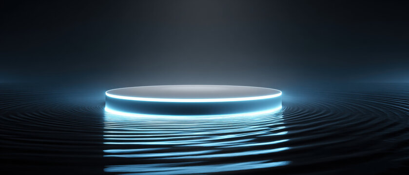 White circular platform floating above reflective water with neon blue glowing edge