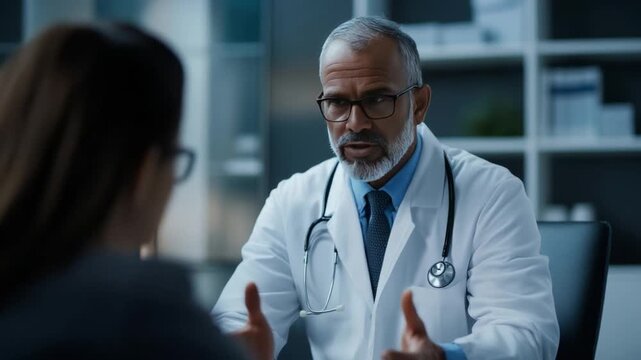 Doctor's consultation: A composed physician in a spotless coat and stethoscope engages in a comprehensive consultation with a patient, demonstrating empathy. 