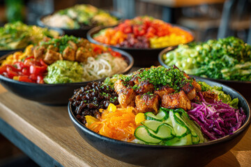 Assorted healthy bowls in small, medium, and large sizes lined up with soft window light