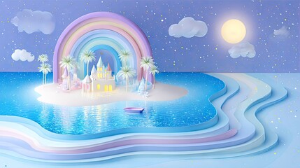 Fantasy island scene with rainbow and castle against a starry sky background