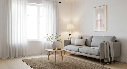 Fototapeta premium Modern living room interior with a sofa, coffee table, and large window