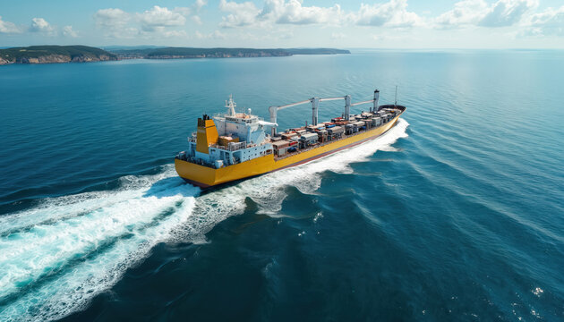 Aerial view of large yellow car RORO transporter ship sailing fast over blue ocean. Ship carries many cars on deck. Vessel moves through water with white foam trail. Coastal landscape in background.