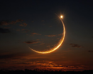 Elegant champagne gold arc with glowing star on white minimalist background