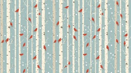 Seamless winter pattern with red cardinal birds on birch trees in snow.