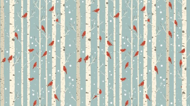 Seamless winter pattern with red cardinal birds on birch trees in snow.
