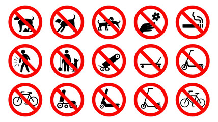 Clear prohibition signs for dogs, smoking, bikes, scooters, and more