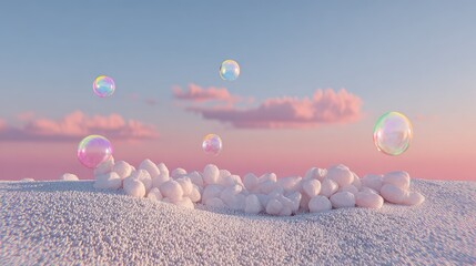 Floating bubbles in a soft pink and blue sky with textured clouds