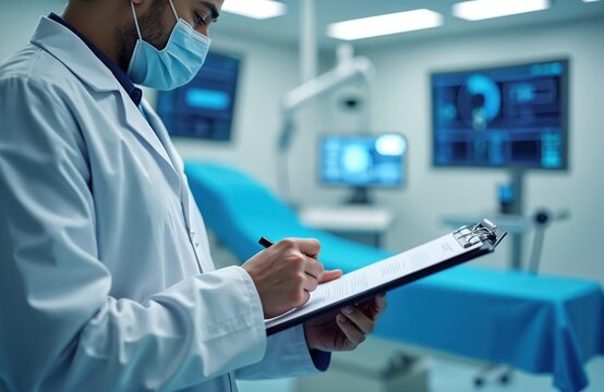 Doctor in mask writes on clipboard in futuristic clinic. Medical professional uses tech. Patient examination, health checkup, digital diagnosis.