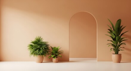 Interior scene with plants and an archway in a minimalist setting