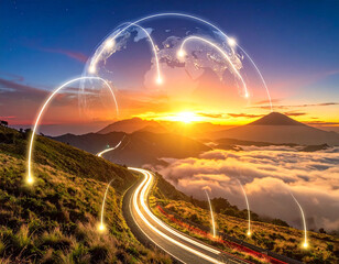 Stunning sunset over a mountain road with digital network connections and global cloud.
