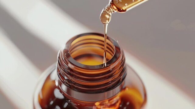 Close-up of a dropper releasing a golden serum into a brown glass bottle. The scene highlights peptide skincare for skin regeneration and anti-aging.