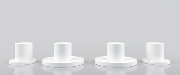 Four pristine white pedestals in a straight line, ready for display, row, four