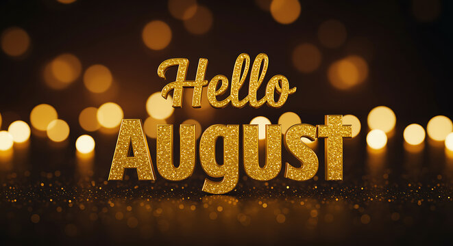 Golden glitter text hello august with bokeh lights background