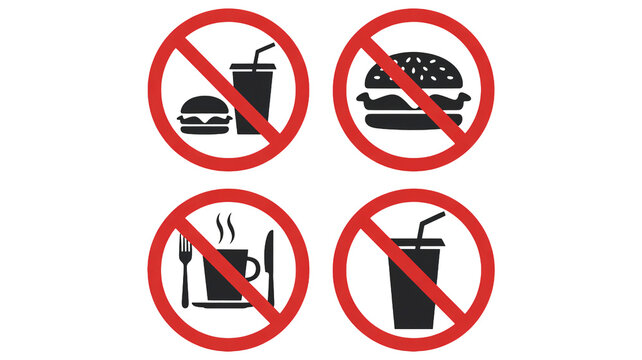 Clear prohibition symbols for no food or drink in designated areas
