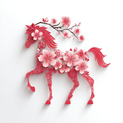 Obraz premium Red paper-cut horse with plum blossoms on white background in clean vector style