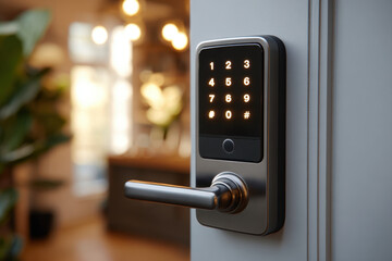 Modern smart door lock with digital keypad and satin metal finish on entry door