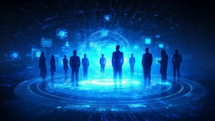 A group of people stands in blue digital light, showing technology, connection, teamwork and future in a networked virtual space. - Powered by Adobe