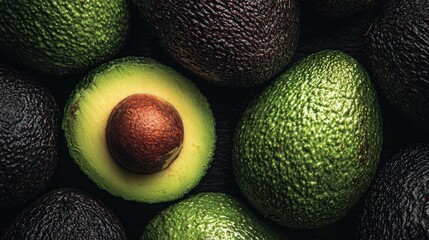 Fresh avocado halves and whole fruits overhead view on dark background