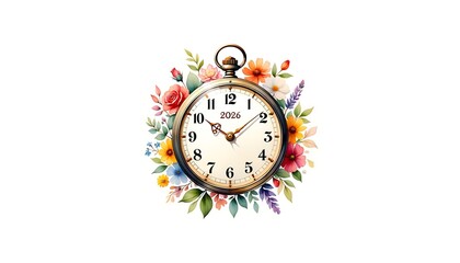 Vintage pocket watch surrounded by a vibrant bouquet of delicate watercolor flowers, representing the passage of time and the beauty of nature