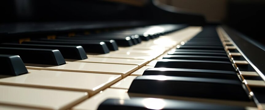 Gleaming piano keys bathed in stage light, shadows accentuate the ivory and ebony,  night,  musical