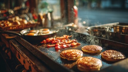Fototapeta premium Pancakes flipping and bacon crisping during a busy breakfast in a bright kitchen