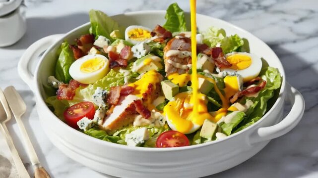 vegetable salad with feta cheese pouring