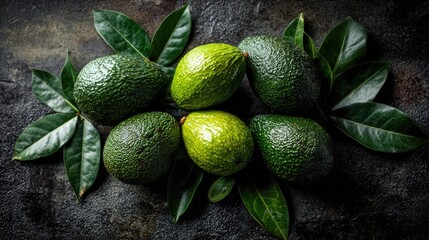 Fresh avocados and green leaves on a textured dark surface overhead view